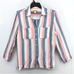 Ruby Rd Shirt Women Large White Blue Pink Striped Roll Tab Sleeve Button Up Top